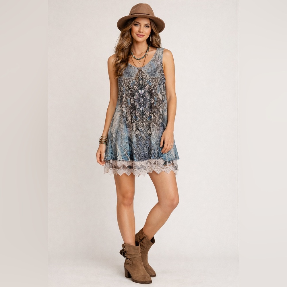 Origami Sleeveless Boho Tunic Dress Lace Hem Blue Print Size Small Festival
